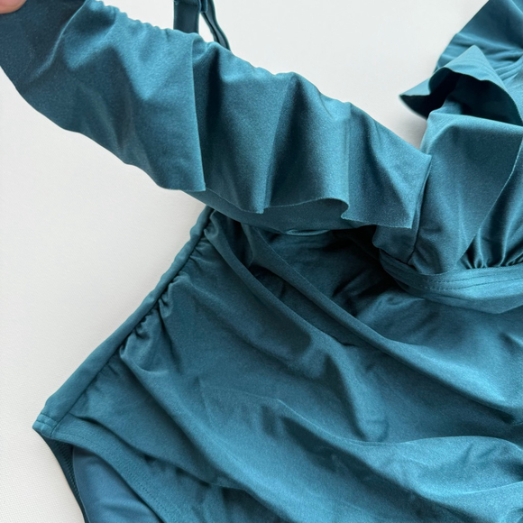 Women's DKNY Teal Ruffle One Piece Swimsuit S - Picture 4 of 9